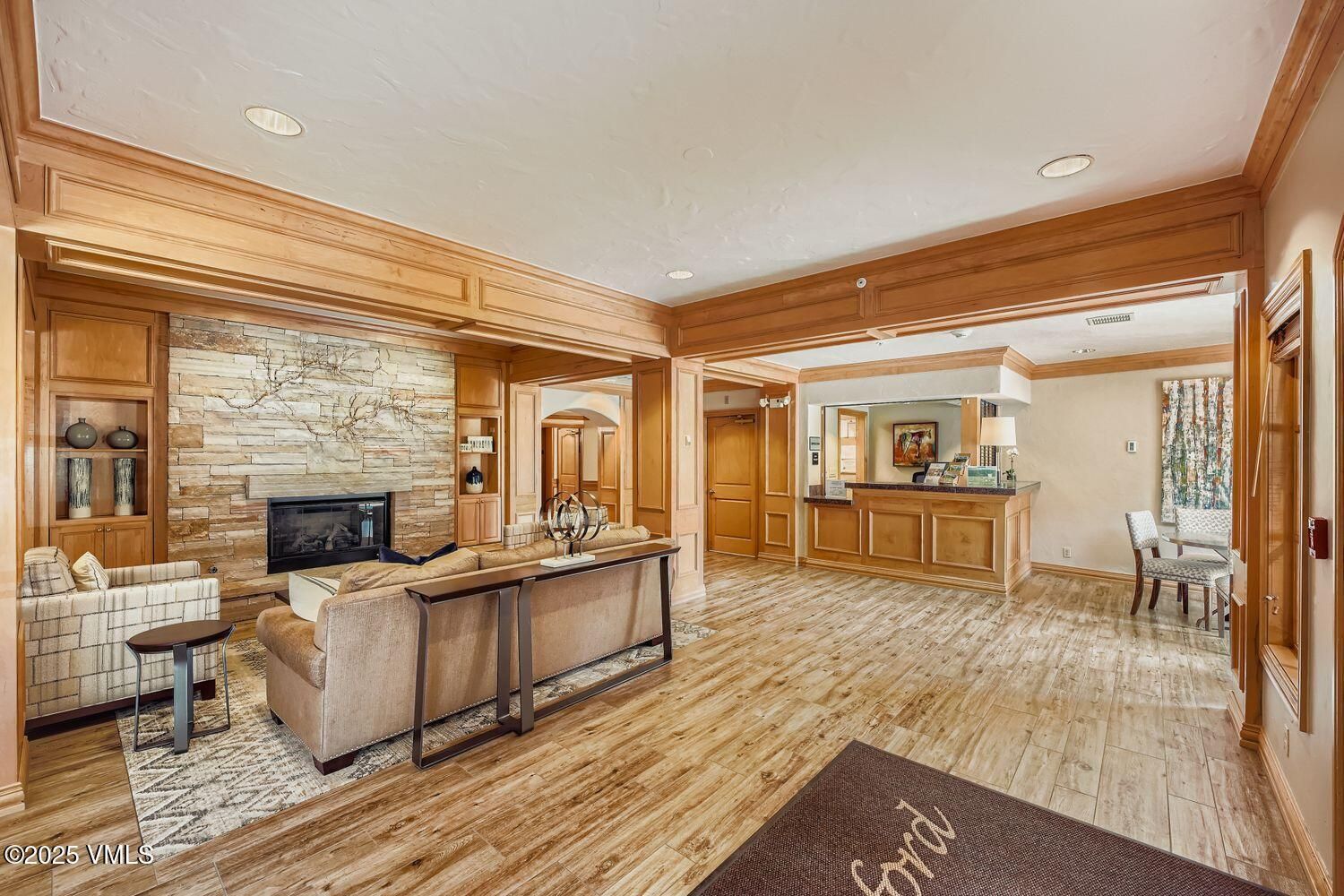 Fireplace, Interior, Recessed Lighting, Stone Walls, Wood Texture Flooring, Wooden Walls