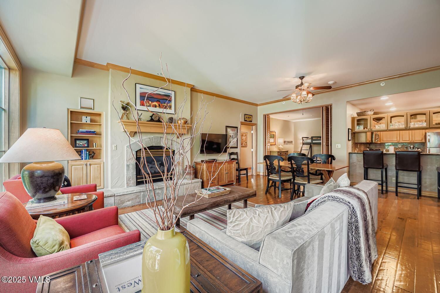 Dining room, Fireplace, Interior, Kitchen, Living room, Recessed Lighting, Wood Texture Flooring