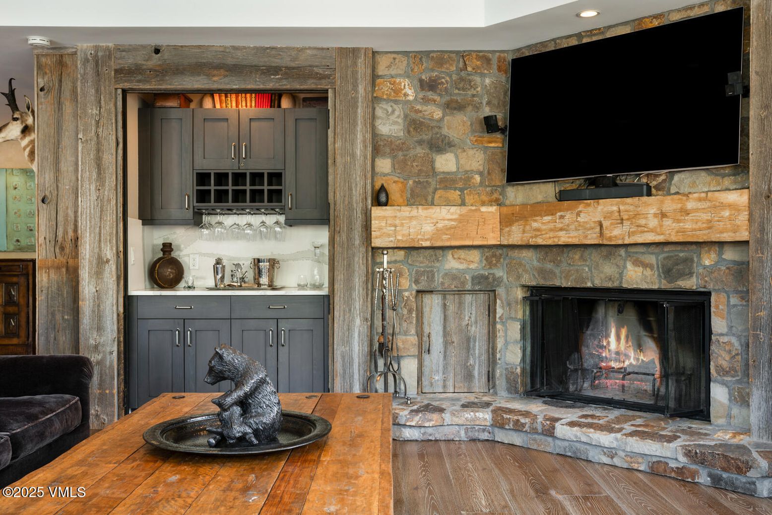 Fireplace, Interior, Recessed Lighting, Stone Walls, Wood Texture Flooring