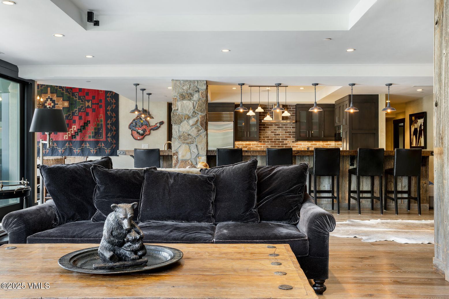 Dining room, Interior, Kitchen, Living room, Pendant Lights, Recessed Lighting, Stone Walls, Wood Texture Flooring