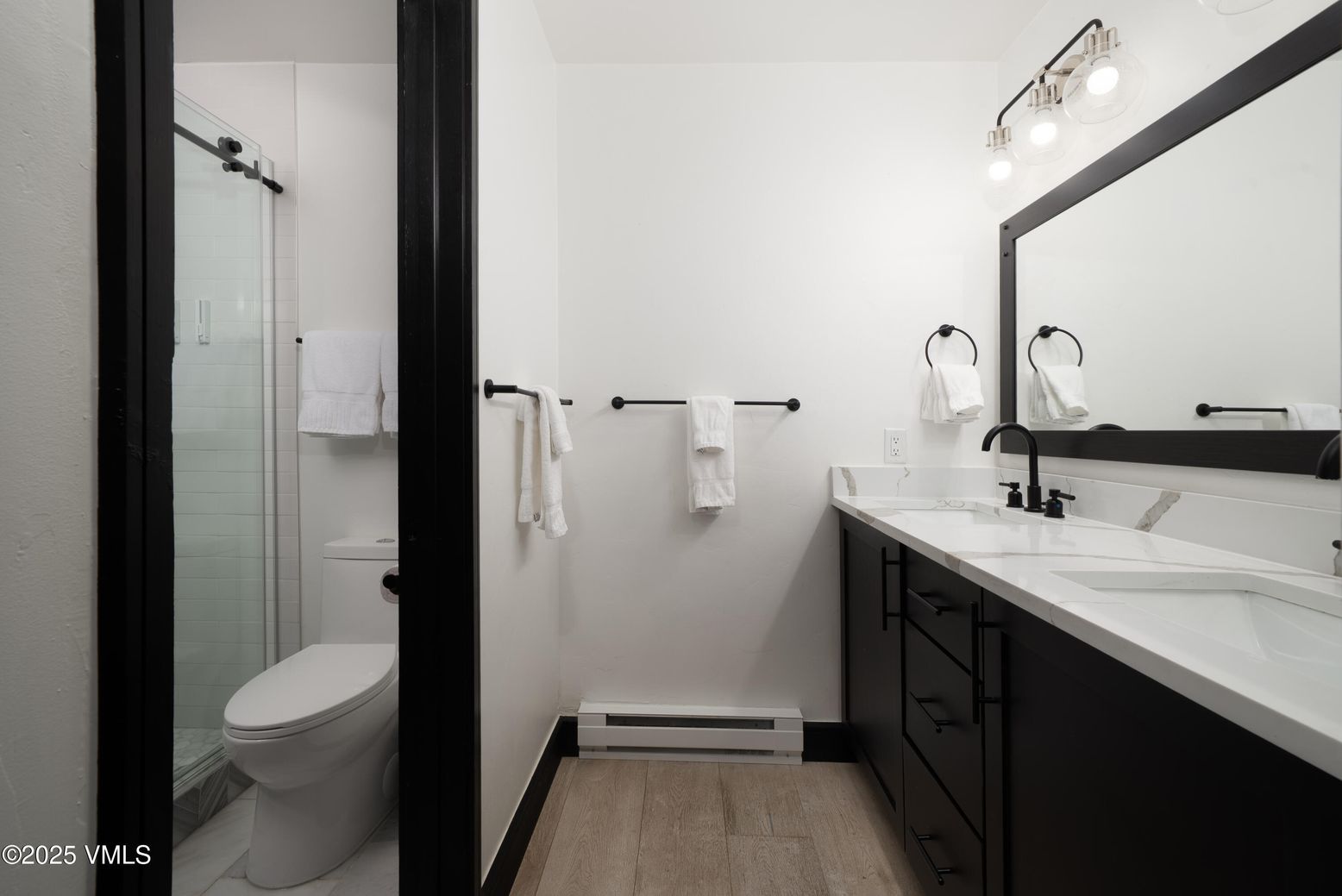 Bathroom, Dual Sink Vanities, Glass Shower, Interior, Wood Texture Flooring