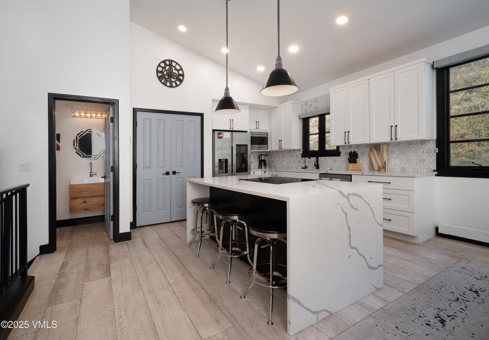 Interior, Kitchen, Pendant Lights, Recessed Lighting, Stainless Steel Appliances, Wood Texture Flooring