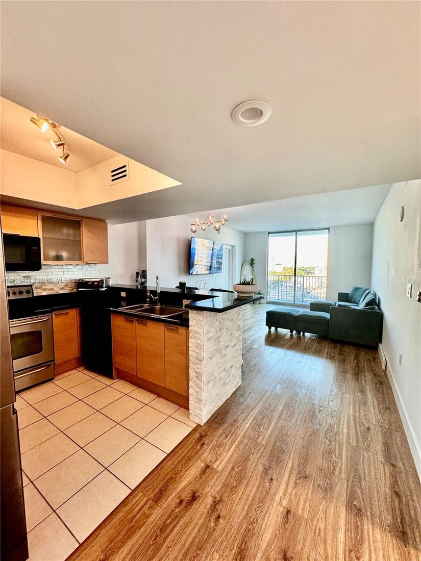 Interior, Kitchen, Living room, Stainless Steel Appliances, Wood Texture Flooring