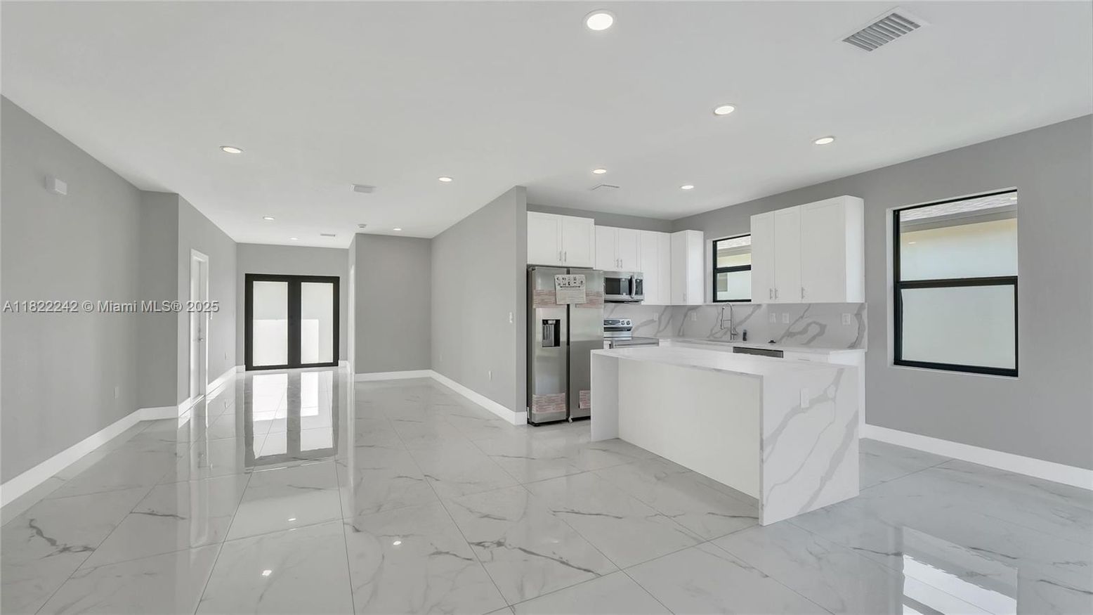 Interior, Kitchen, Marble, Marble Walls, Recessed Lighting, Stainless Steel Appliances