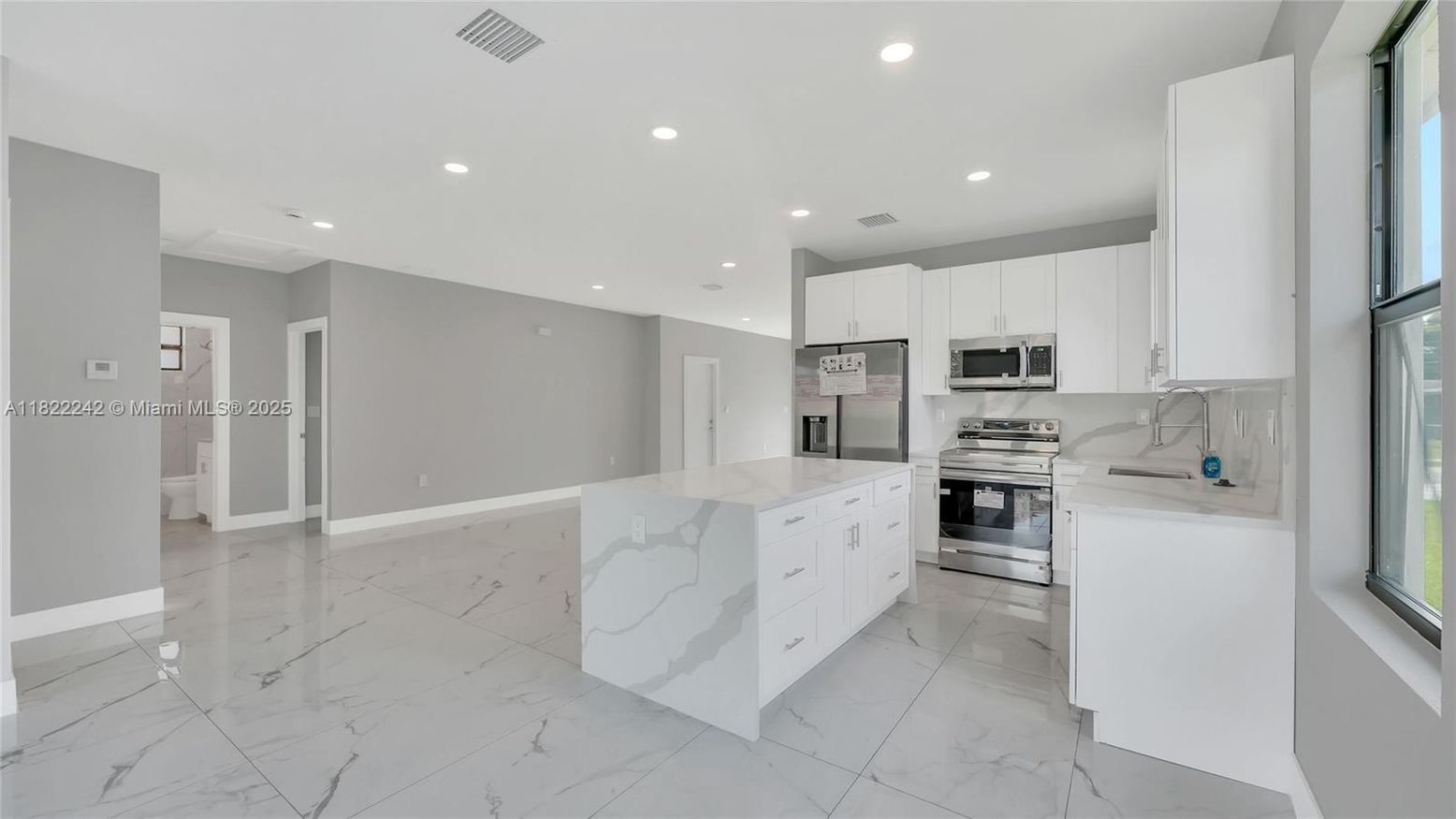 Interior, Kitchen, Marble, Recessed Lighting, Stainless Steel Appliances