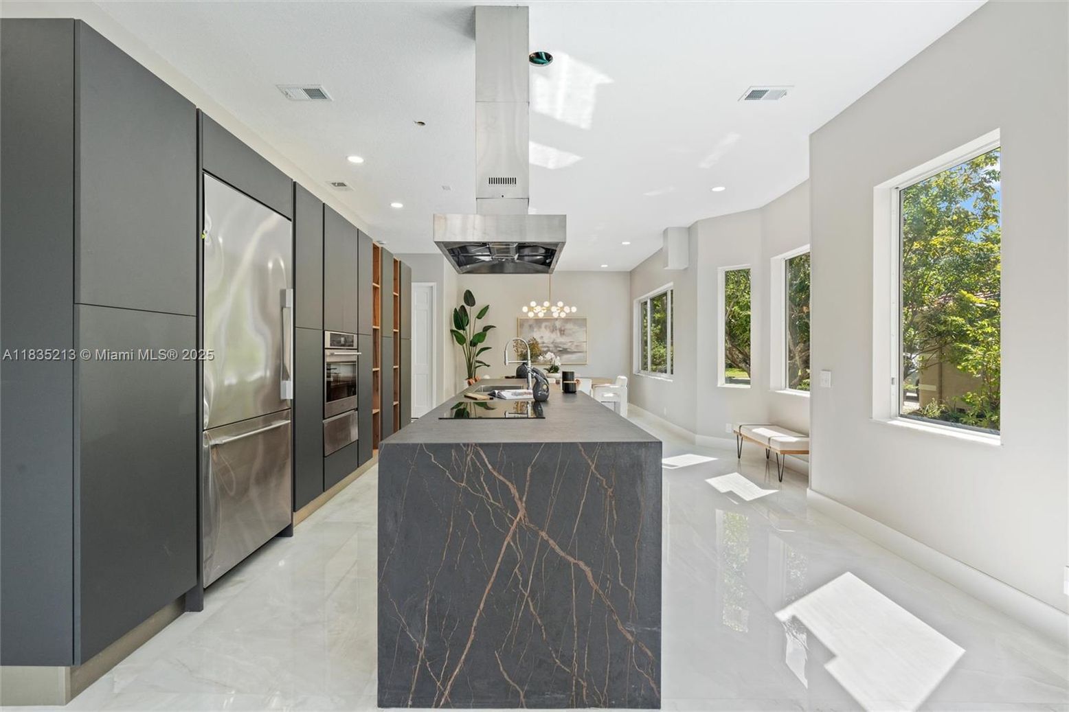Interior, Kitchen, Marble, Pendant Lights, Recessed Lighting, Stainless Steel Appliances