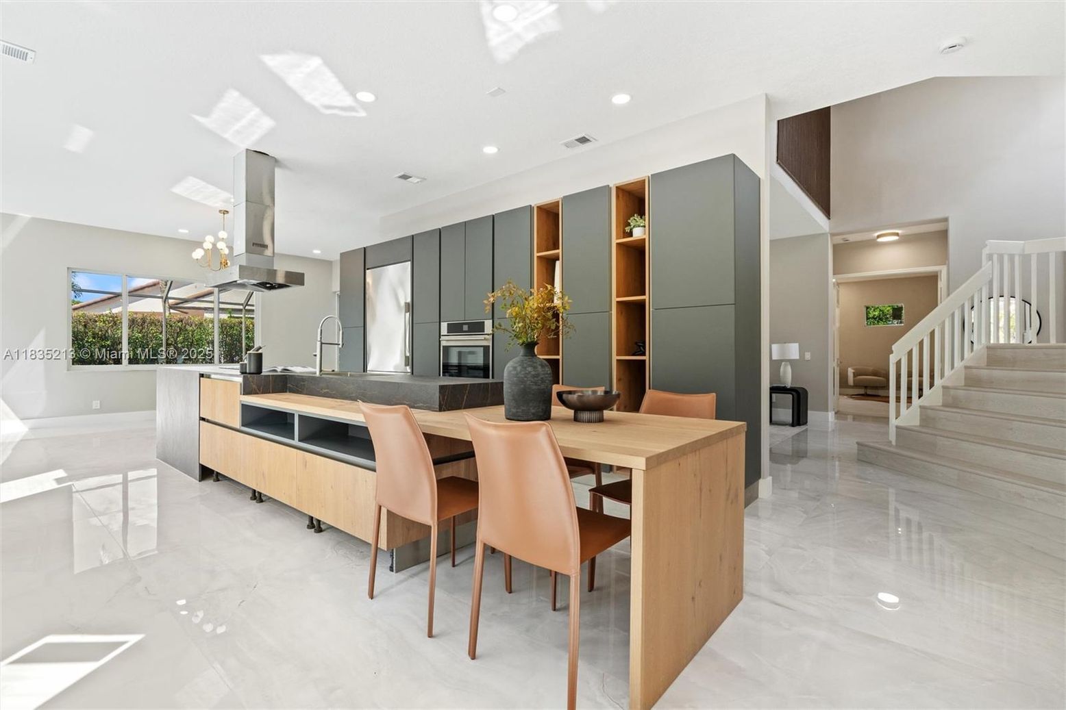 Dining room, Interior, Kitchen, Marble, Pendant Lights, Recessed Lighting, Stainless Steel Appliances