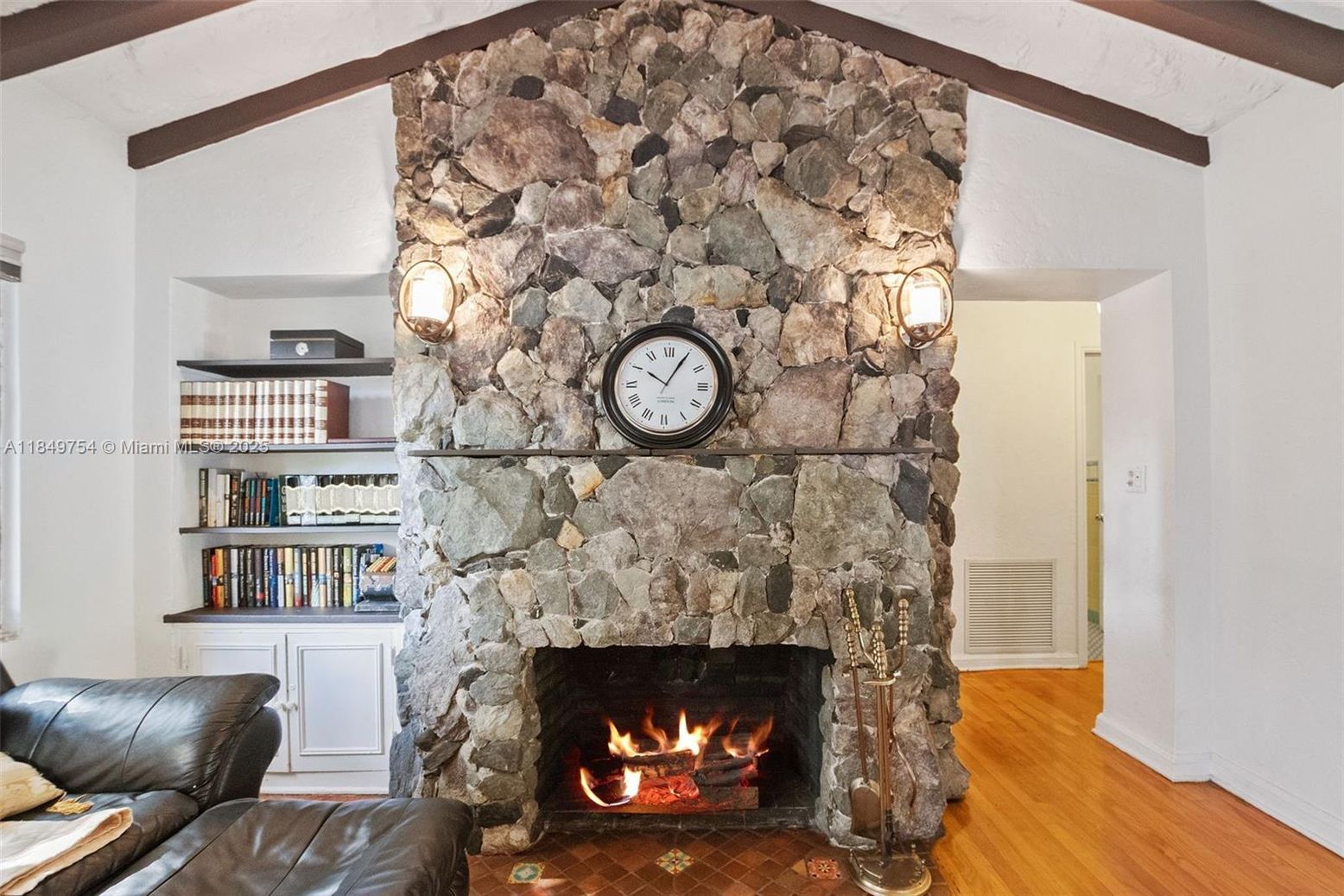 Fireplace, Interior, Stone Walls, Wooden Beams, Wood Texture Flooring