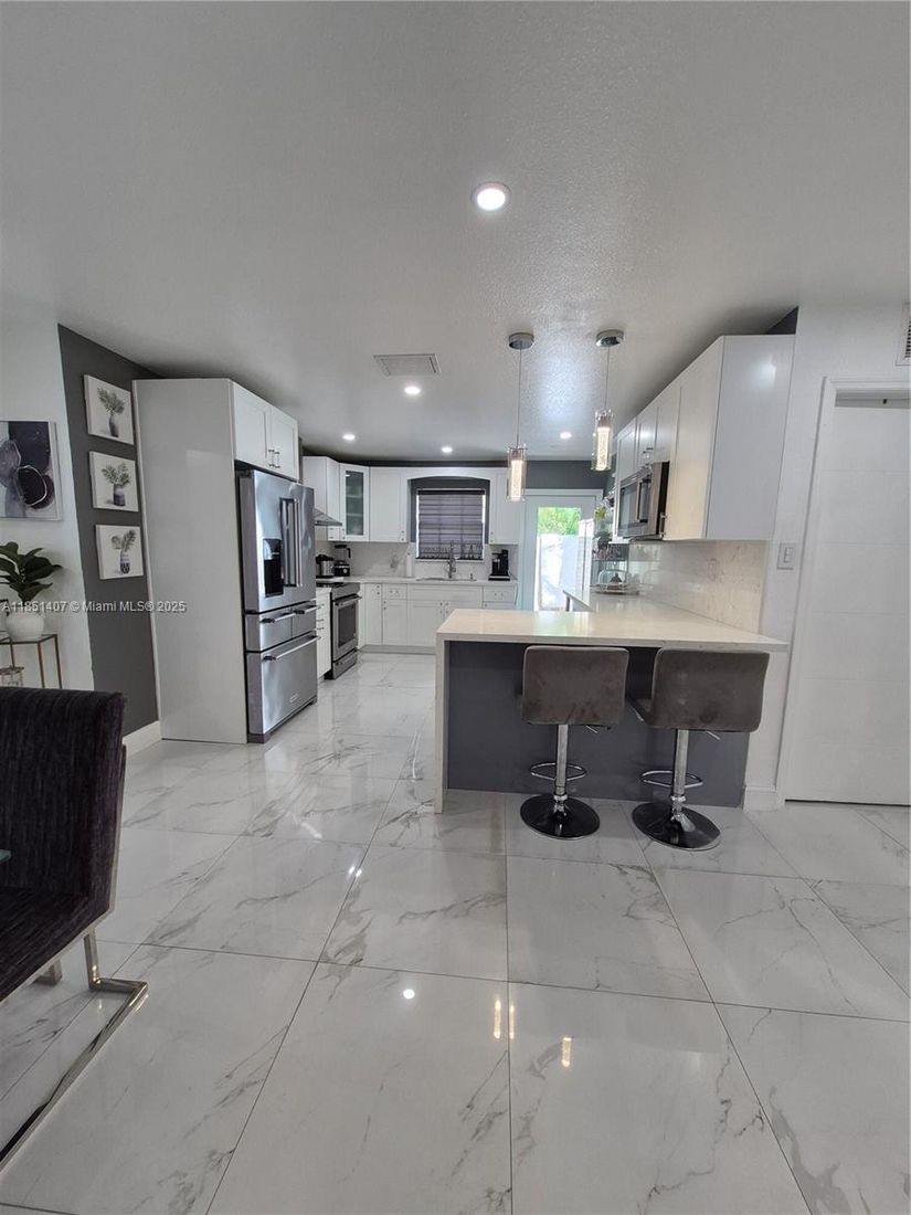 Interior, Kitchen, Marble, Pendant Lights, Recessed Lighting, Stainless Steel Appliances