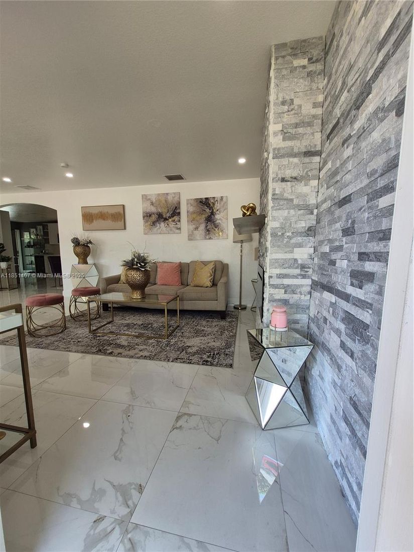 Interior, Living room, Marble, Recessed Lighting, Stone Walls