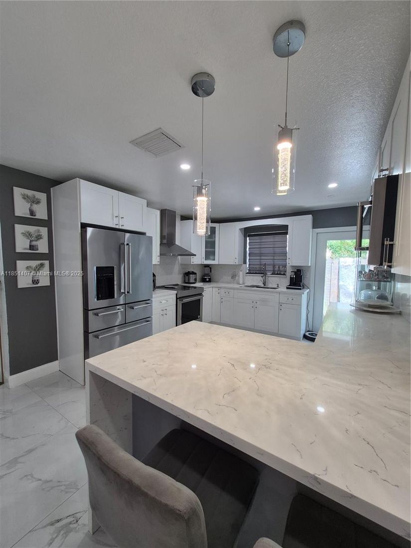 Interior, Kitchen, Marble, Pendant Lights, Recessed Lighting, Stainless Steel Appliances