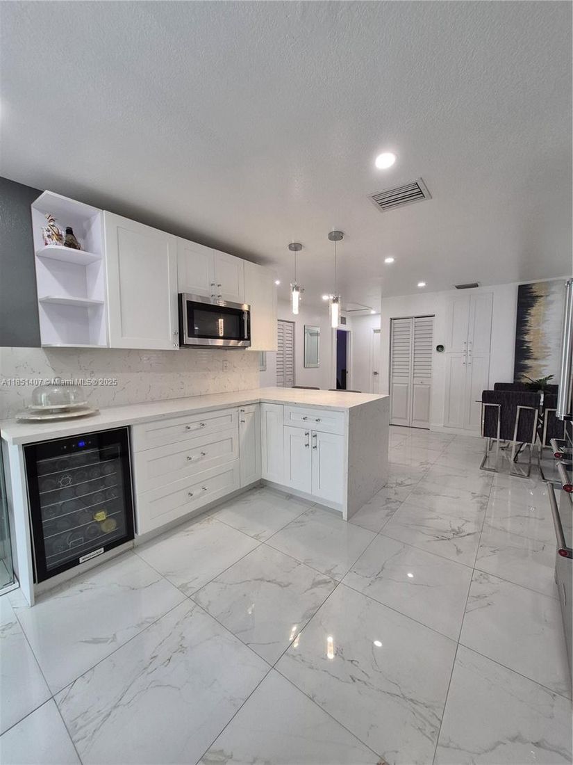 Interior, Kitchen, Marble, Pendant Lights, Recessed Lighting, Stainless Steel Appliances