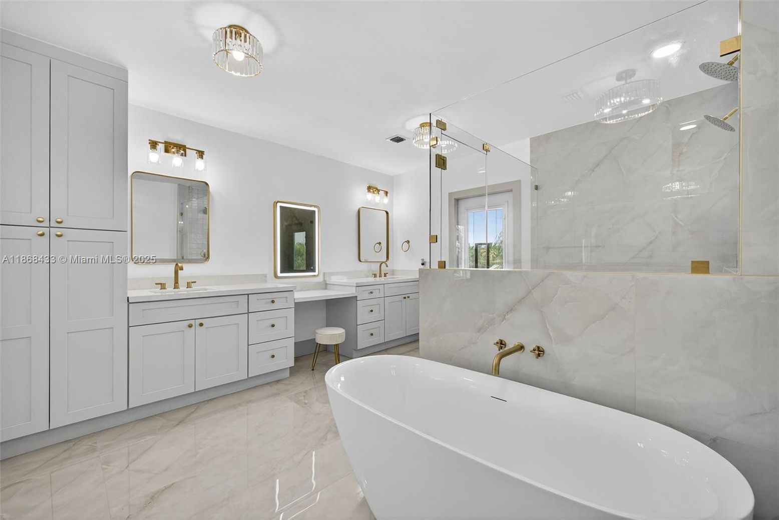 Bathroom, Dual Sink Vanities, Free Standing Baths, Glass Shower, Interior, Marble, Marble Walls