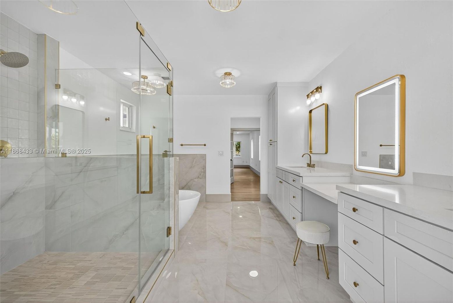 Bathroom, Dual Sink Vanities, Glass Shower, Interior, Marble, Marble Walls
