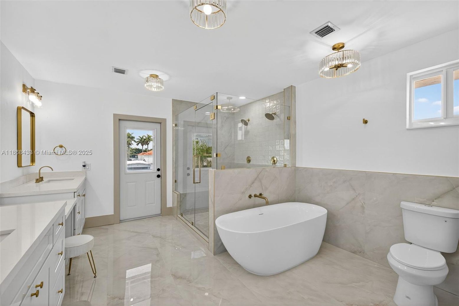 Bathroom, Free Standing Baths, Glass Shower, Interior, Marble, Marble Walls