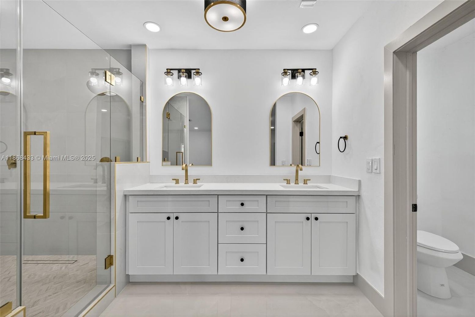 Bathroom, Dual Sink Vanities, Glass Shower, Interior, Recessed Lighting