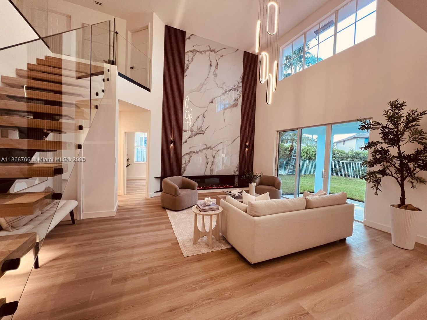 Interior, Living room, Marble Walls, Pendant Lights, Wood Texture Flooring