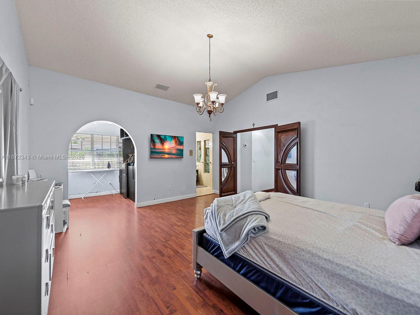 Bedroom, Chandelier, Interior, Wood Texture Flooring