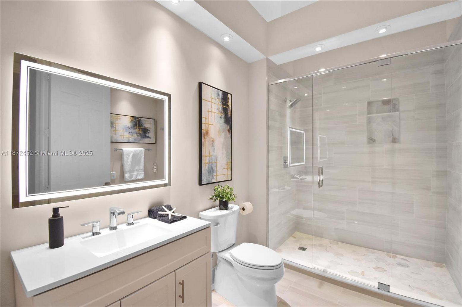 Bathroom, Glass Shower, Interior, Recessed Lighting, Wood Texture Flooring