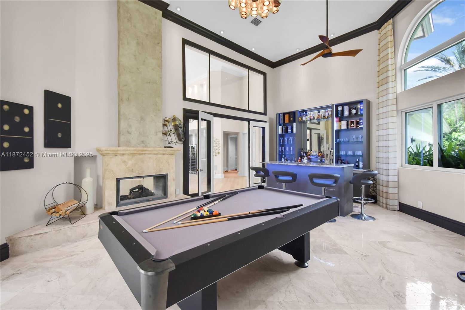 Billiard Table, Chandelier, Fireplace, Game Room, Interior, Marble, Recessed Lighting