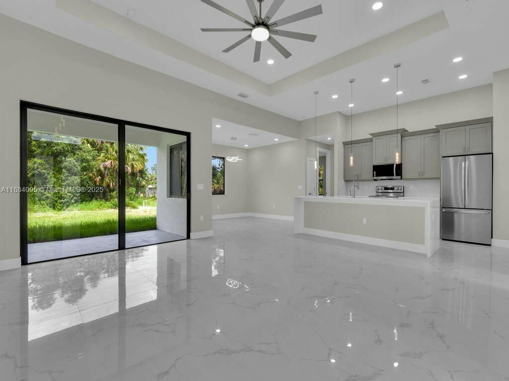 Interior, Kitchen, Marble, Pendant Lights, Recessed Lighting, Stainless Steel Appliances