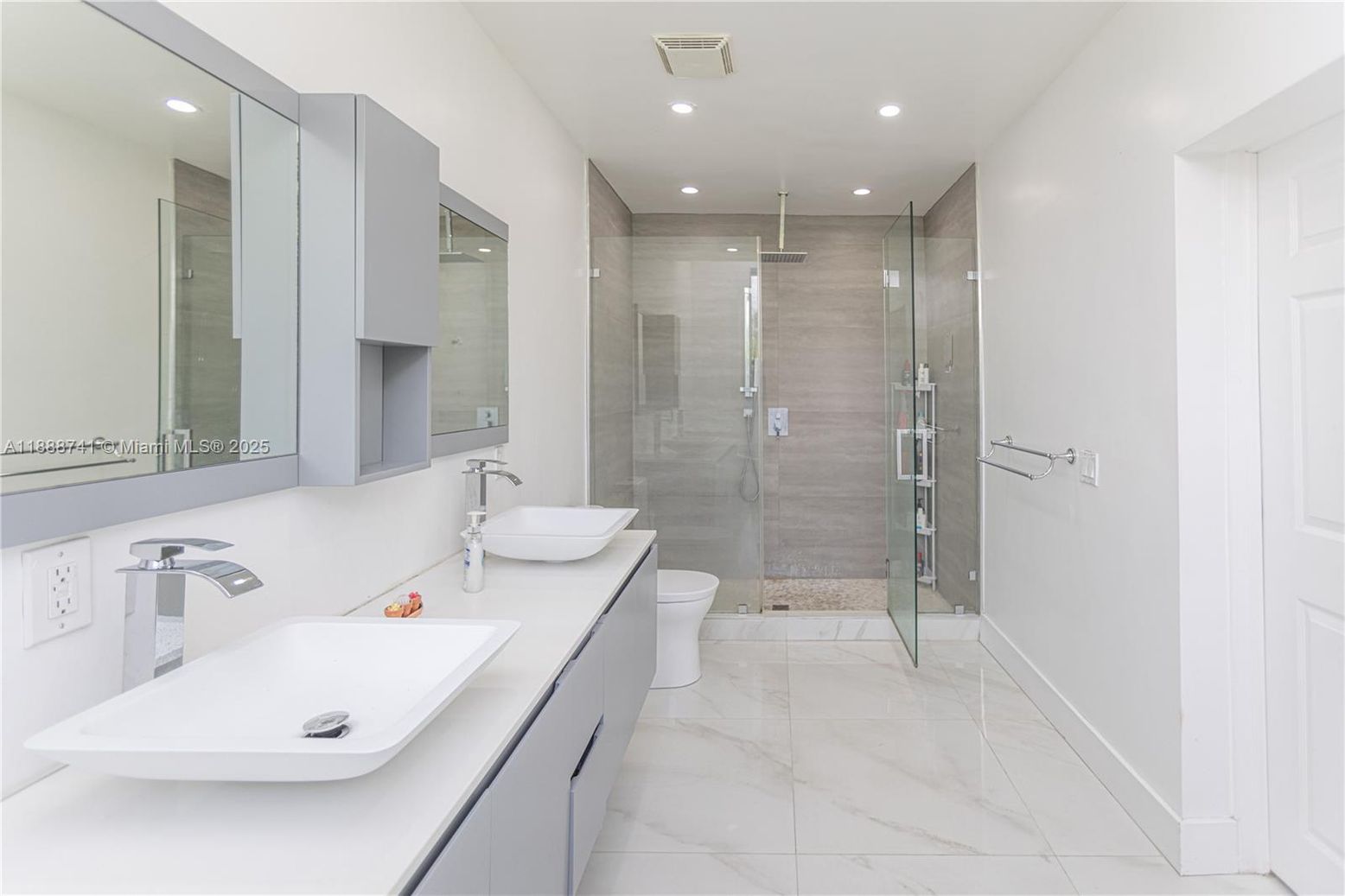 Bathroom, Dual Sink Vanities, Glass Shower, Interior, Marble, Recessed Lighting