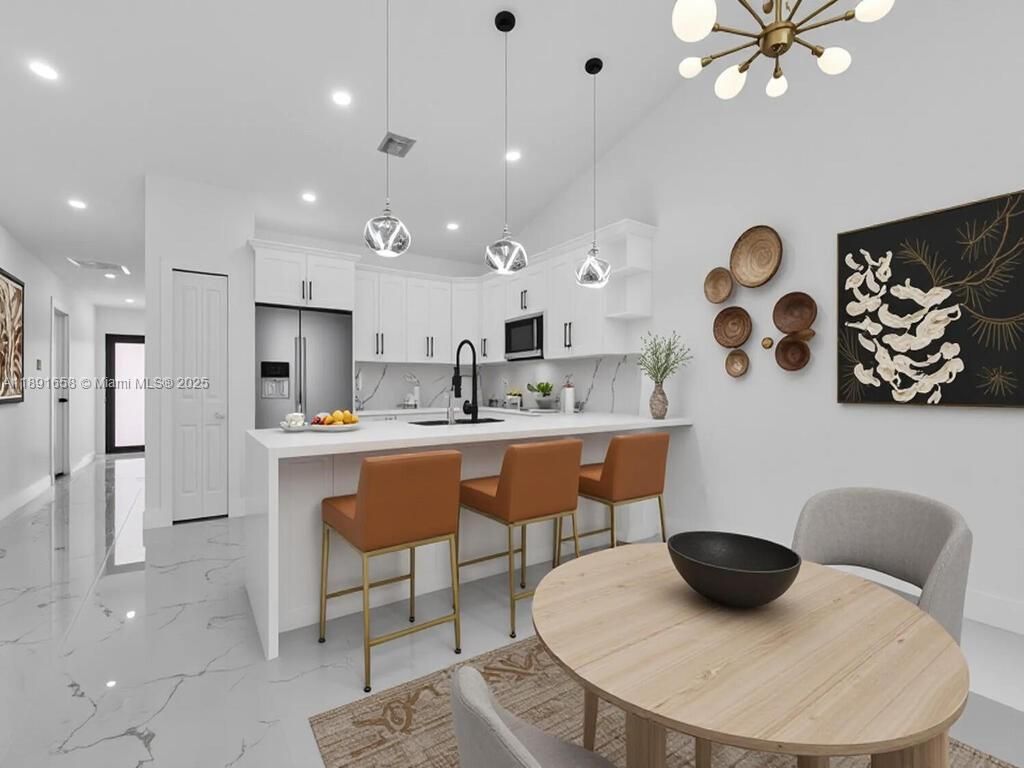 Interior, Kitchen, Marble, Pendant Lights, Recessed Lighting, Stainless Steel Appliances