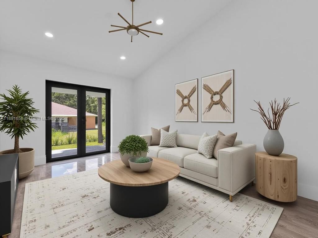 Interior, Living room, Pendant Lights, Recessed Lighting, Wood Texture Flooring
