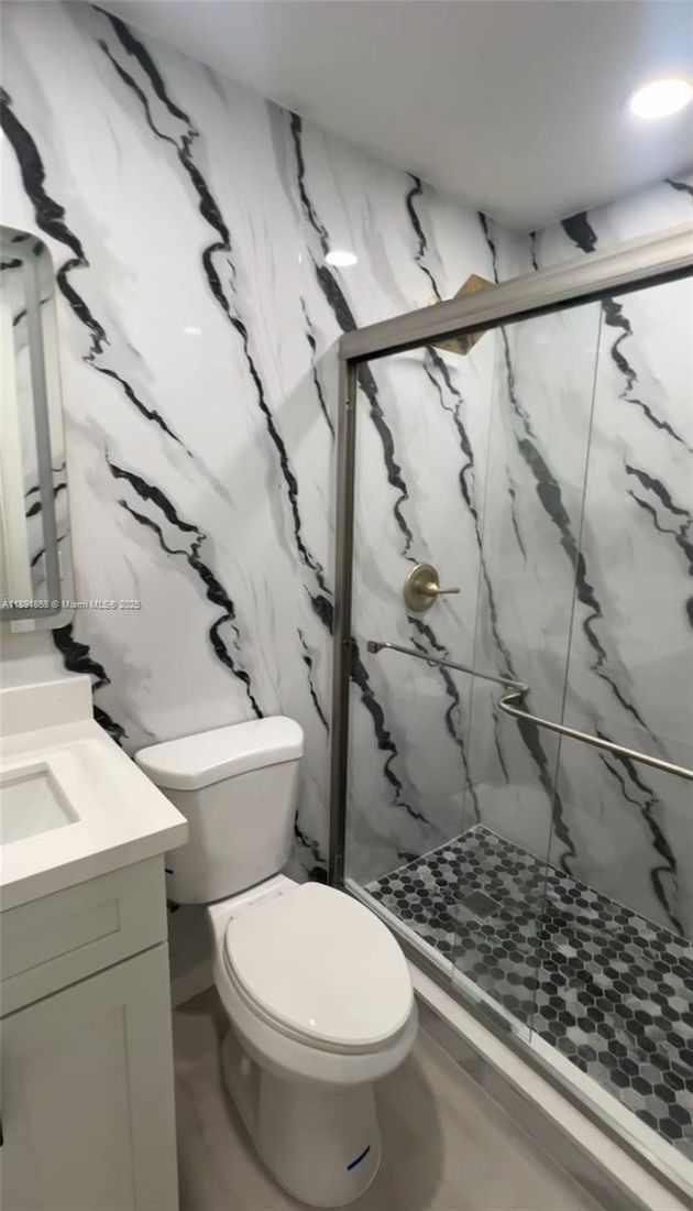 Bathroom, Glass Shower, Interior, Marble Walls, Recessed Lighting
