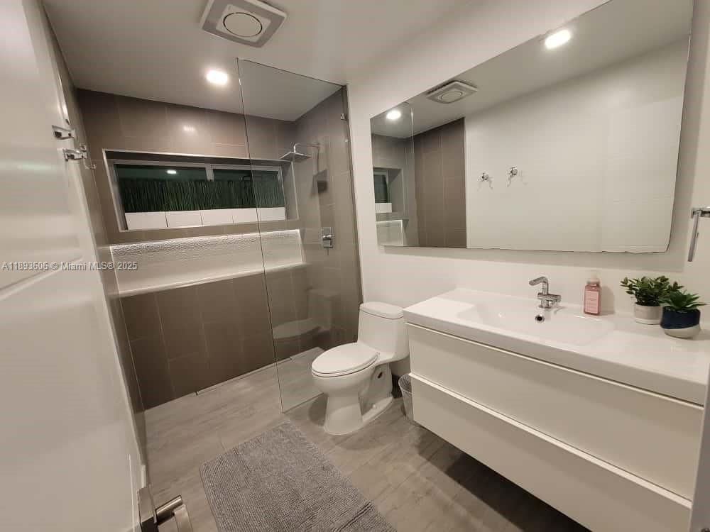 Bathroom, Glass Shower, Interior, Recessed Lighting, Wood Texture Flooring