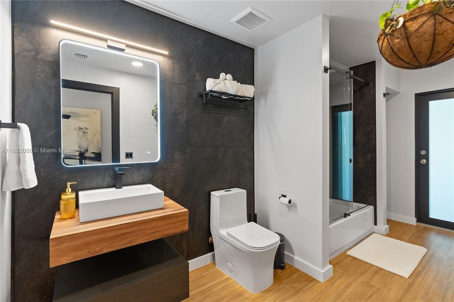 Bathroom, Glass Shower, Interior, Recessed Lighting, Wood Texture Flooring