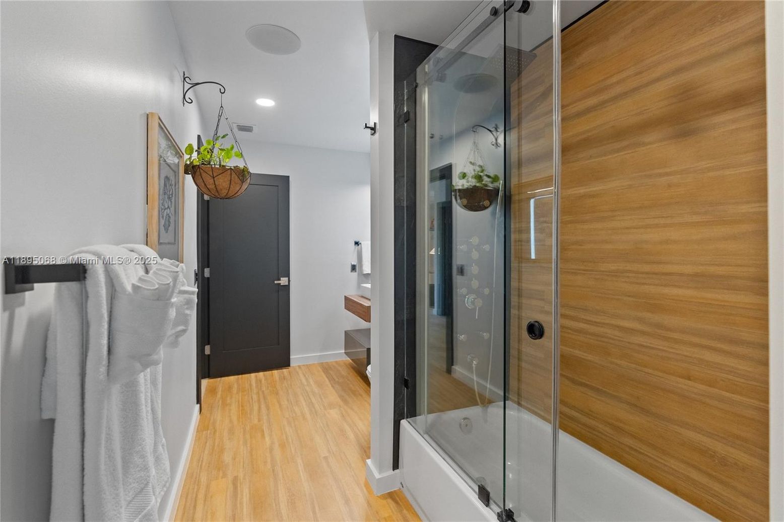 Bathroom, Glass Shower, Interior, Recessed Lighting, Wood Texture Flooring