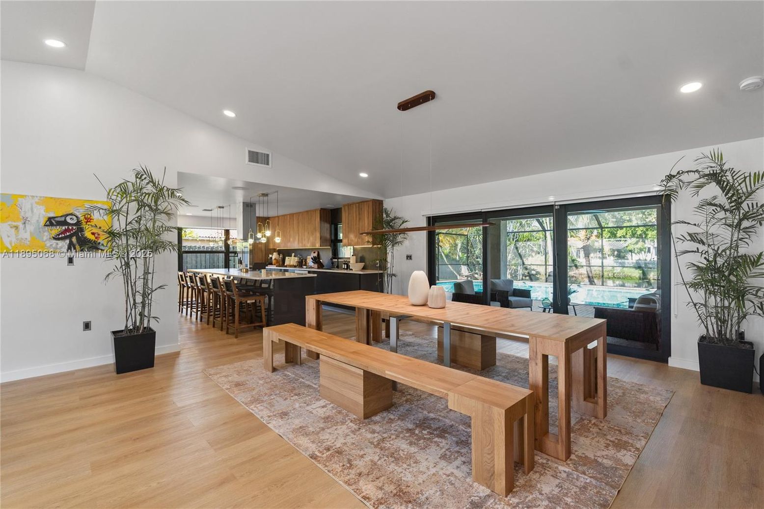 Dining room, Interior, Kitchen, Pendant Lights, Recessed Lighting, Wood Texture Flooring