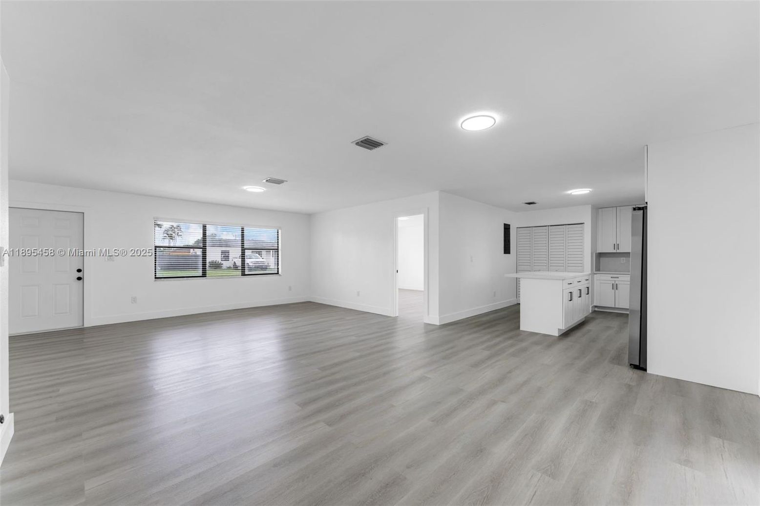 Empty room, Interior, Kitchen, Recessed Lighting, Wood Texture Flooring