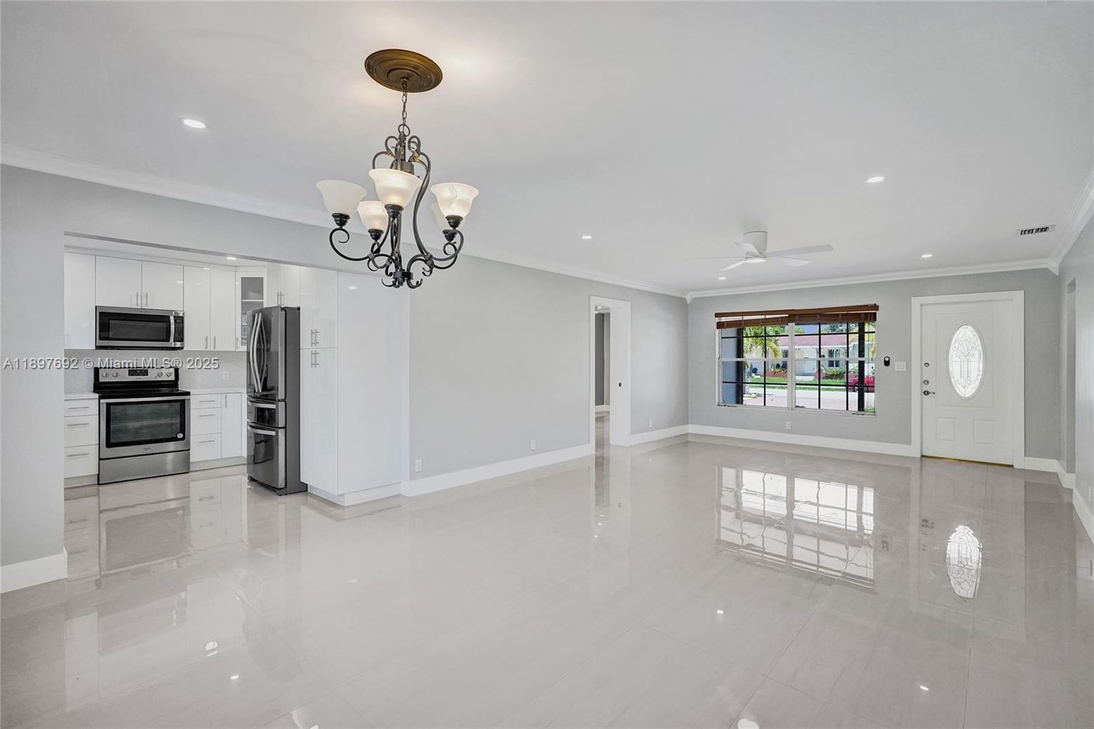Chandelier, Empty room, Interior, Kitchen, Recessed Lighting, Stainless Steel Appliances