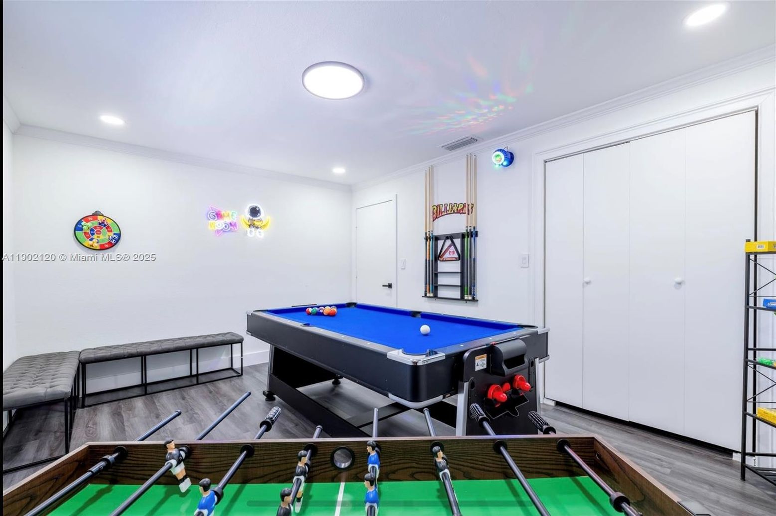 Billiard Table, Game Room, Interior, Recessed Lighting, Wood Texture Flooring