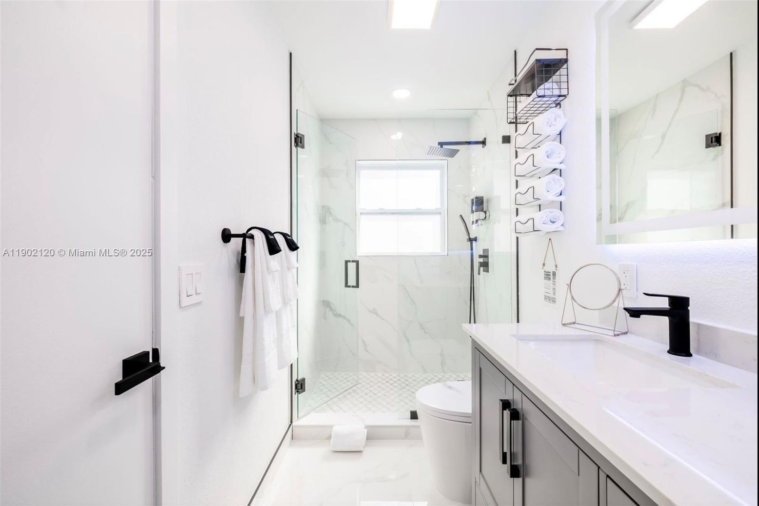 Bathroom, Glass Shower, Interior, Marble, Marble Walls, Recessed Lighting