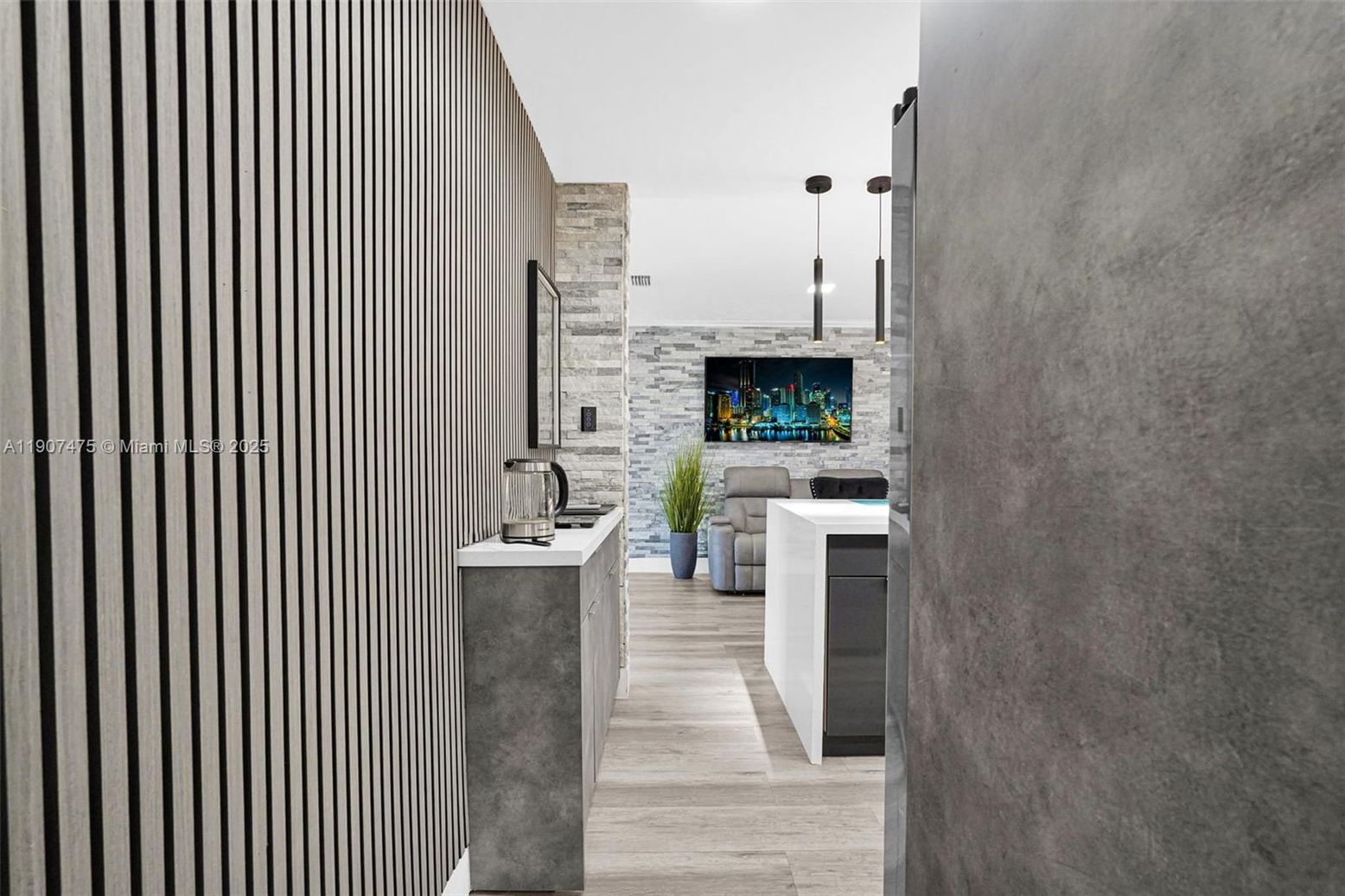 Interior, Pendant Lights, Stone Walls, Wood Texture Flooring