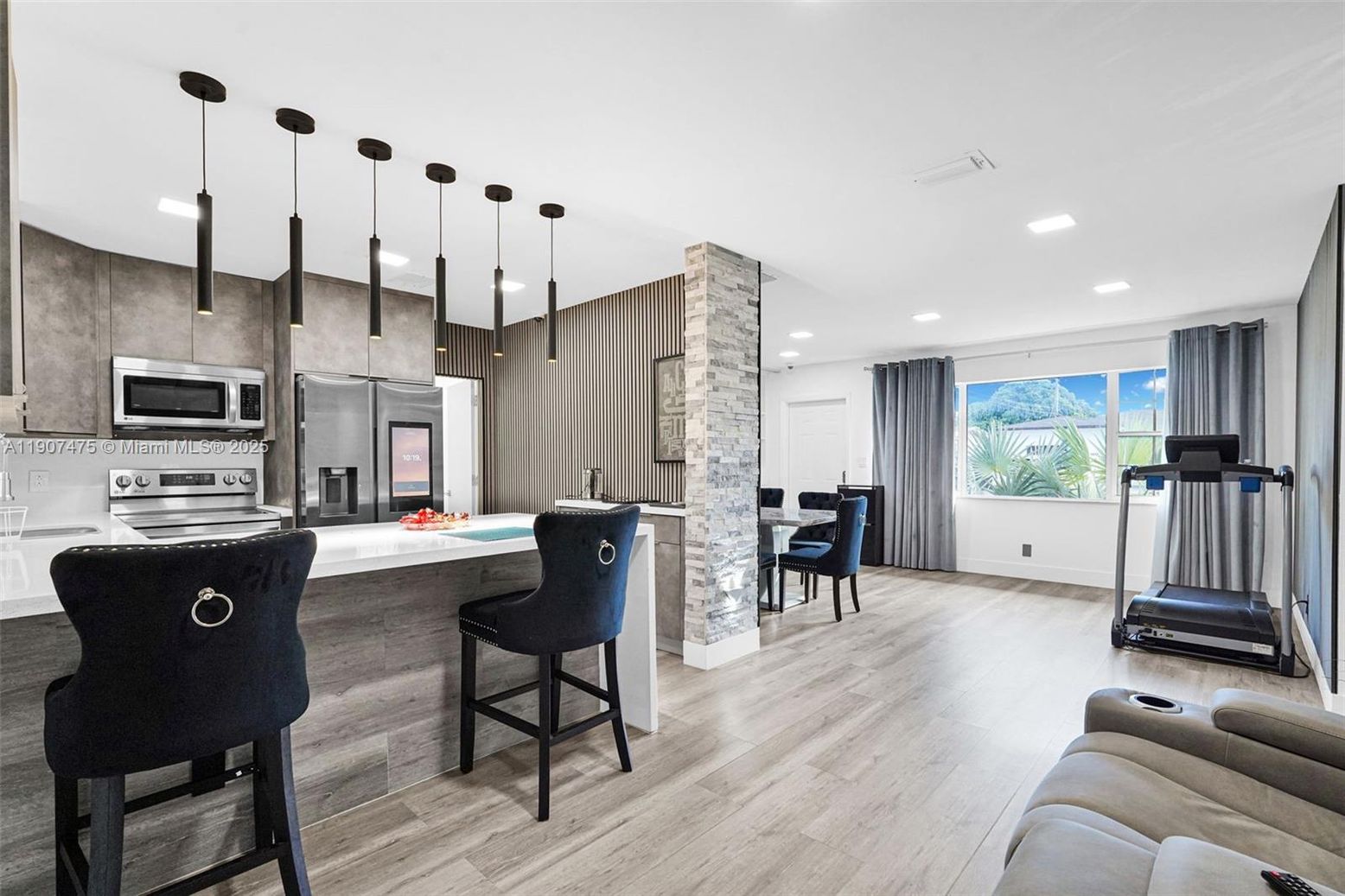 Dining room, Interior, Kitchen, Pendant Lights, Recessed Lighting, Stainless Steel Appliances, Wood Texture Flooring