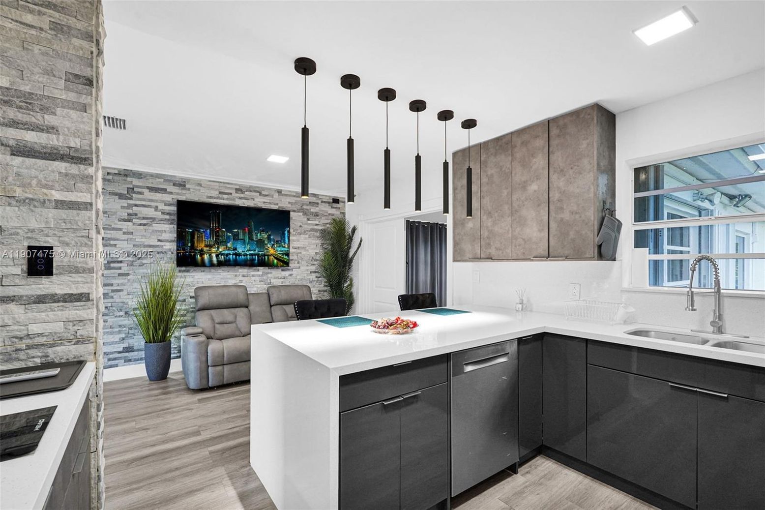 Interior, Kitchen, Pendant Lights, Recessed Lighting, Stone Walls, Wood Texture Flooring