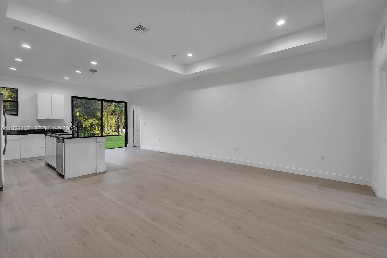 Empty room, Interior, Kitchen, Recessed Lighting, Wood Texture Flooring