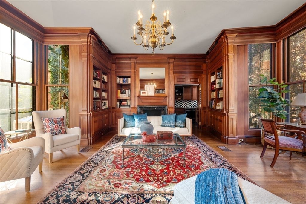 Chandelier, Dining room, Fireplace, Interior, Living room, Wood Texture Flooring, Wooden Walls