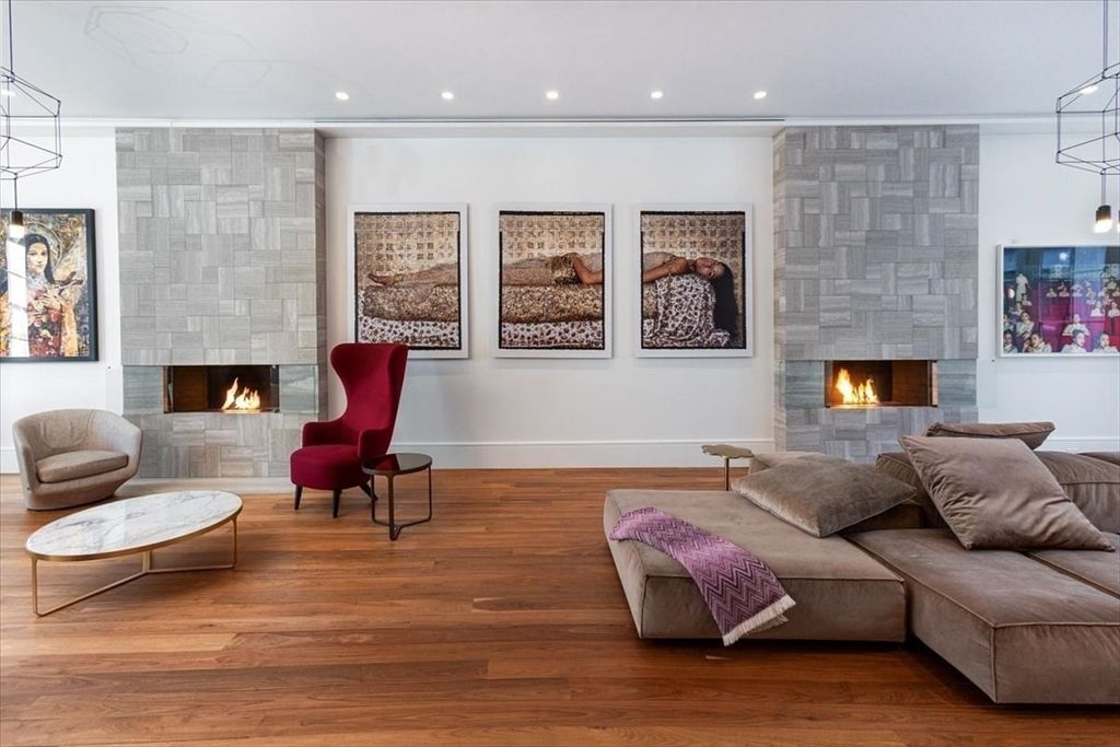Fireplace, Interior, Living room, Pendant Lights, Recessed Lighting, Stone Walls, Wood Texture Flooring