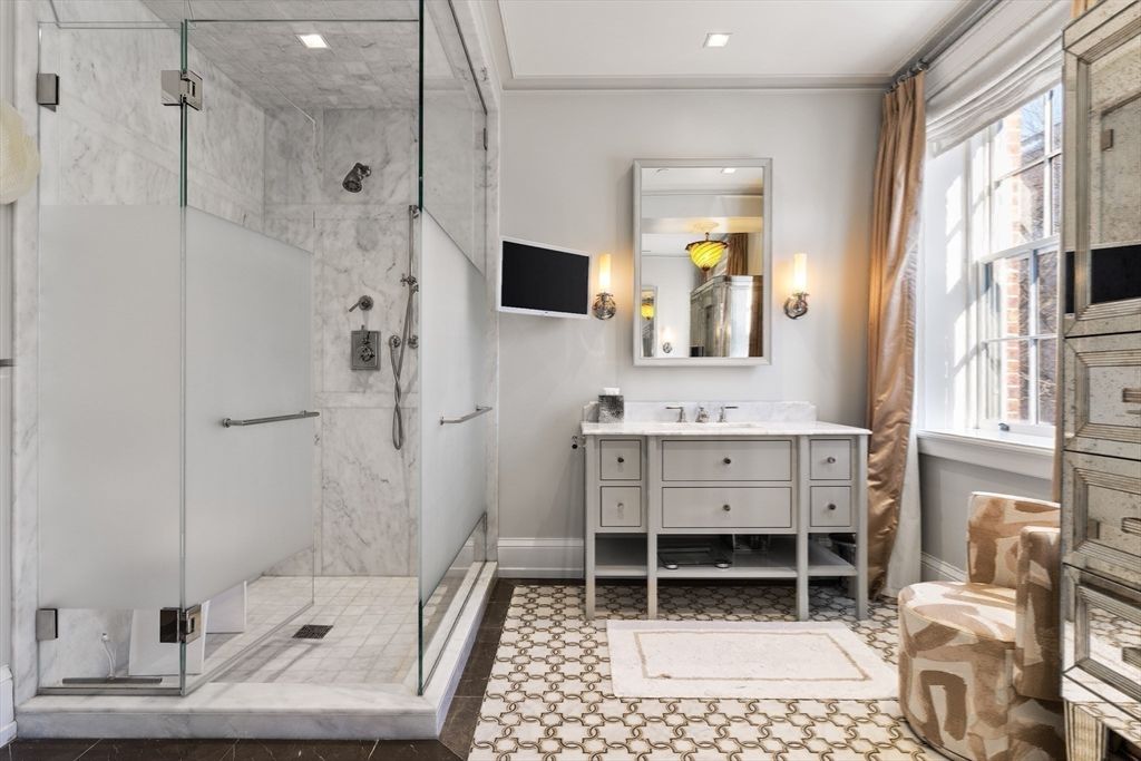 Bathroom, Glass Shower, Interior, Marble Walls, Recessed Lighting
