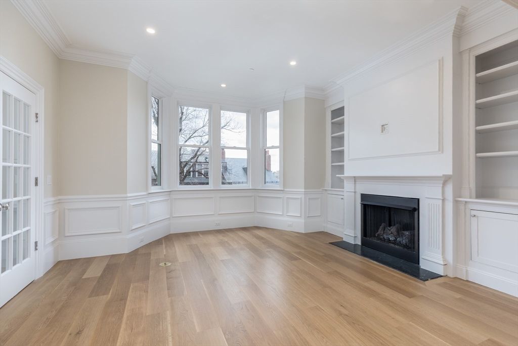 Empty room, Fireplace, Interior, Recessed Lighting, Wood Texture Flooring