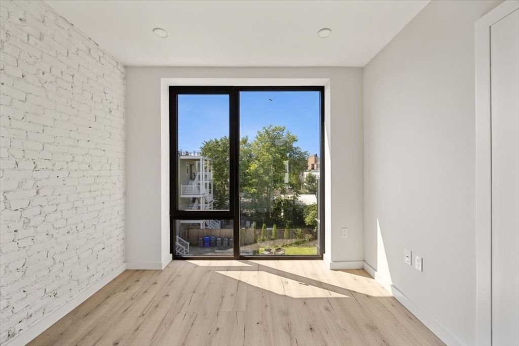 Empty room, Interior, Recessed Lighting, Stone Walls, Wood Texture Flooring
