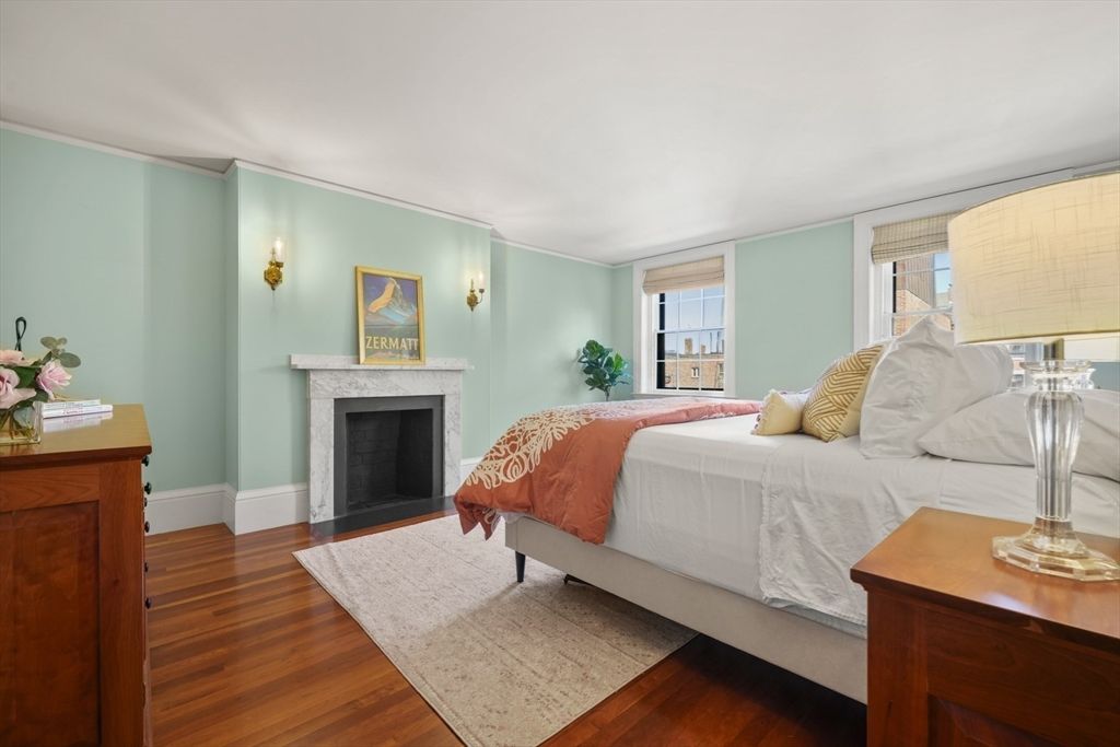 Bedroom, Fireplace, Interior, Wood Texture Flooring