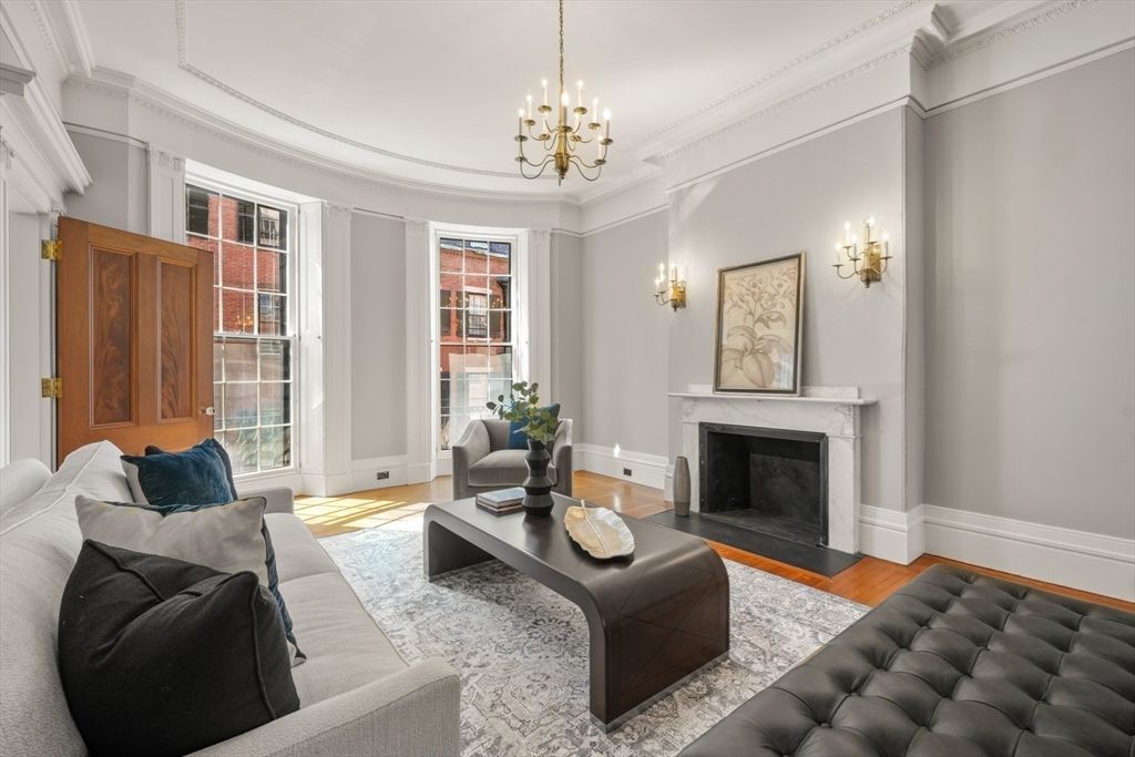 Fireplace, Interior, Living room, Pendant Lights, Wood Texture Flooring