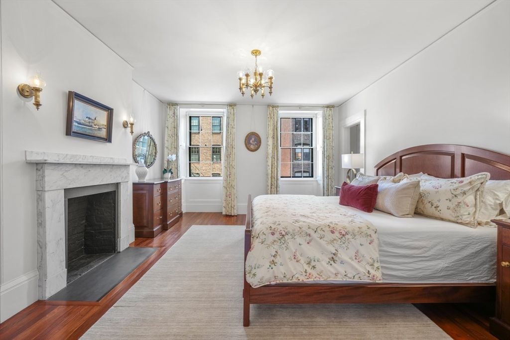 Bedroom, Chandelier, Fireplace, Interior, Wood Texture Flooring