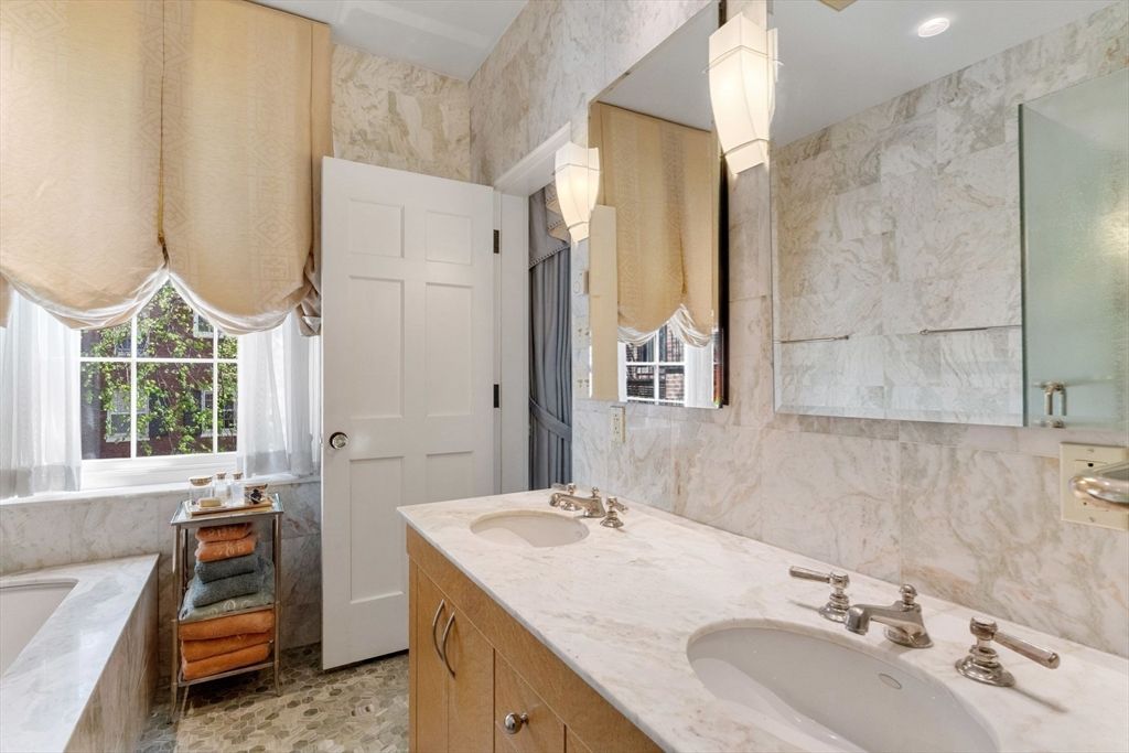 Bathroom, Dual Sink Vanities, Interior, Marble Walls, Recessed Lighting